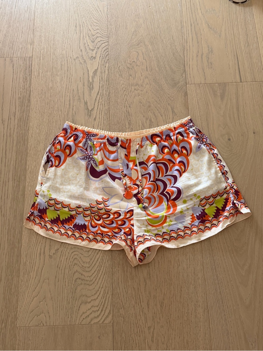 Zara Silk Shorts with Orange and Purple Retro Print